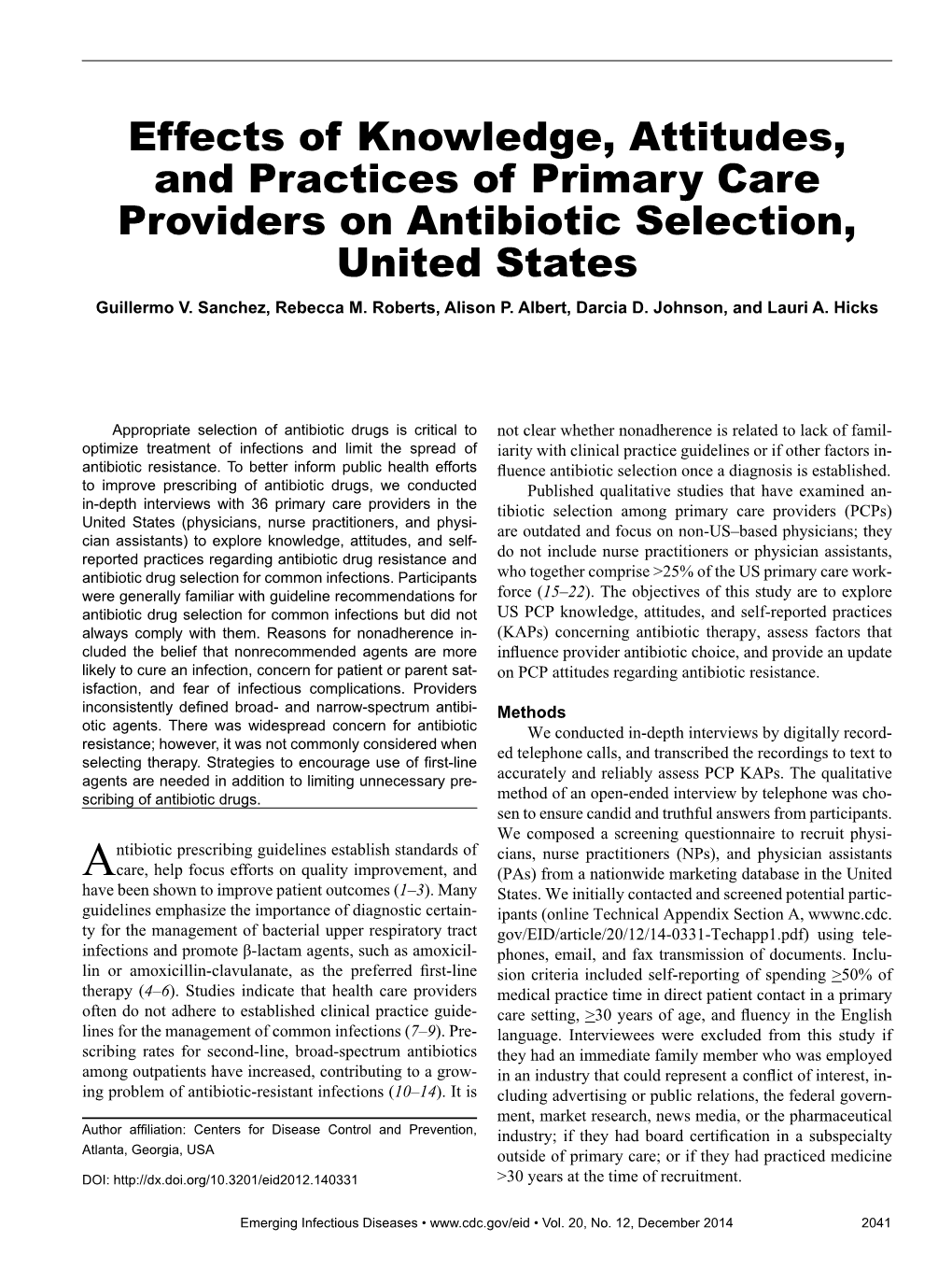 Effects of Knowledge, Attitudes, and Practices of Primary Care Providers on Antibiotic Selection, United States Guillermo V