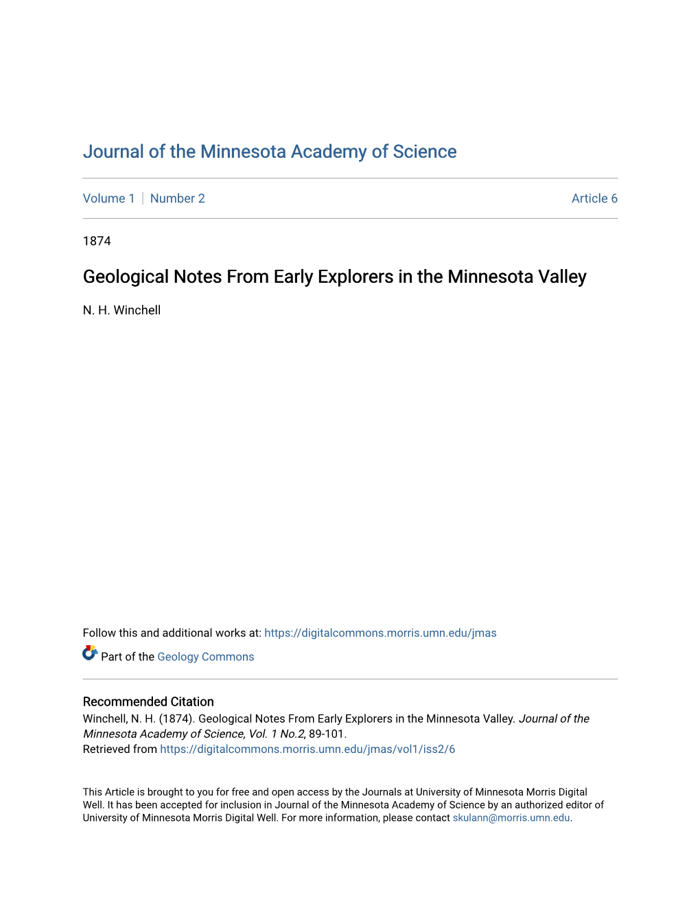 Geological Notes from Early Explorers in the Minnesota Valley