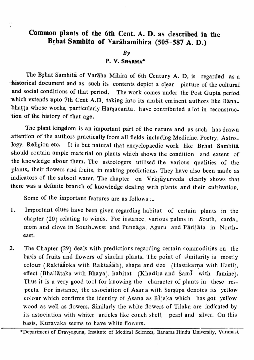 Common Plants of the 6Th Cent. AD As Described in the Brhat Sambita of Yarahamihira