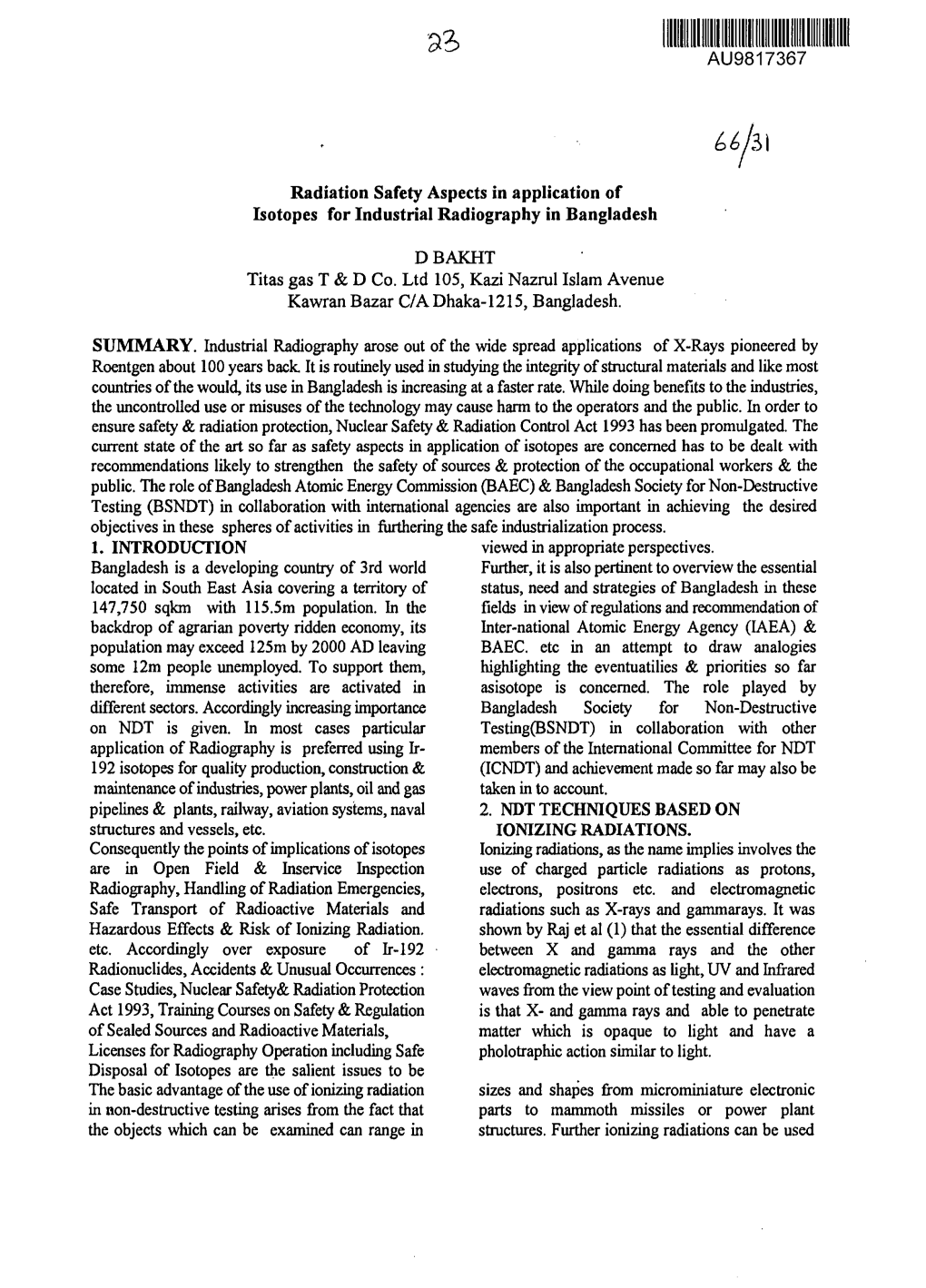 Radiation Safety Aspects in Application of Isotopes for Industrial Radiography in Bangladesh