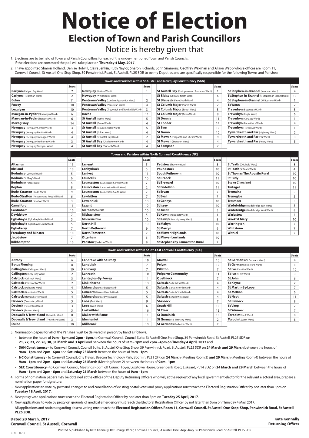 Notice of Election – Town Parish – East