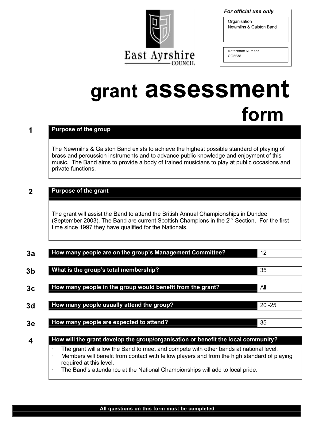 Newmilns and Galston Band Grant Assessment