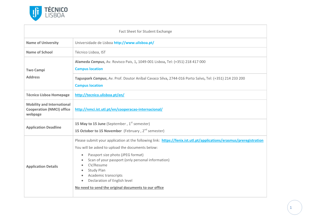 1 Fact Sheet for Student Exchange Name of University Universidade