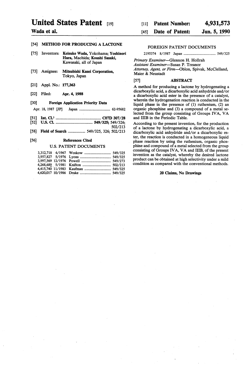 United States Patent (19) 11 Patent Number: 4,931,573 Wada Et Al