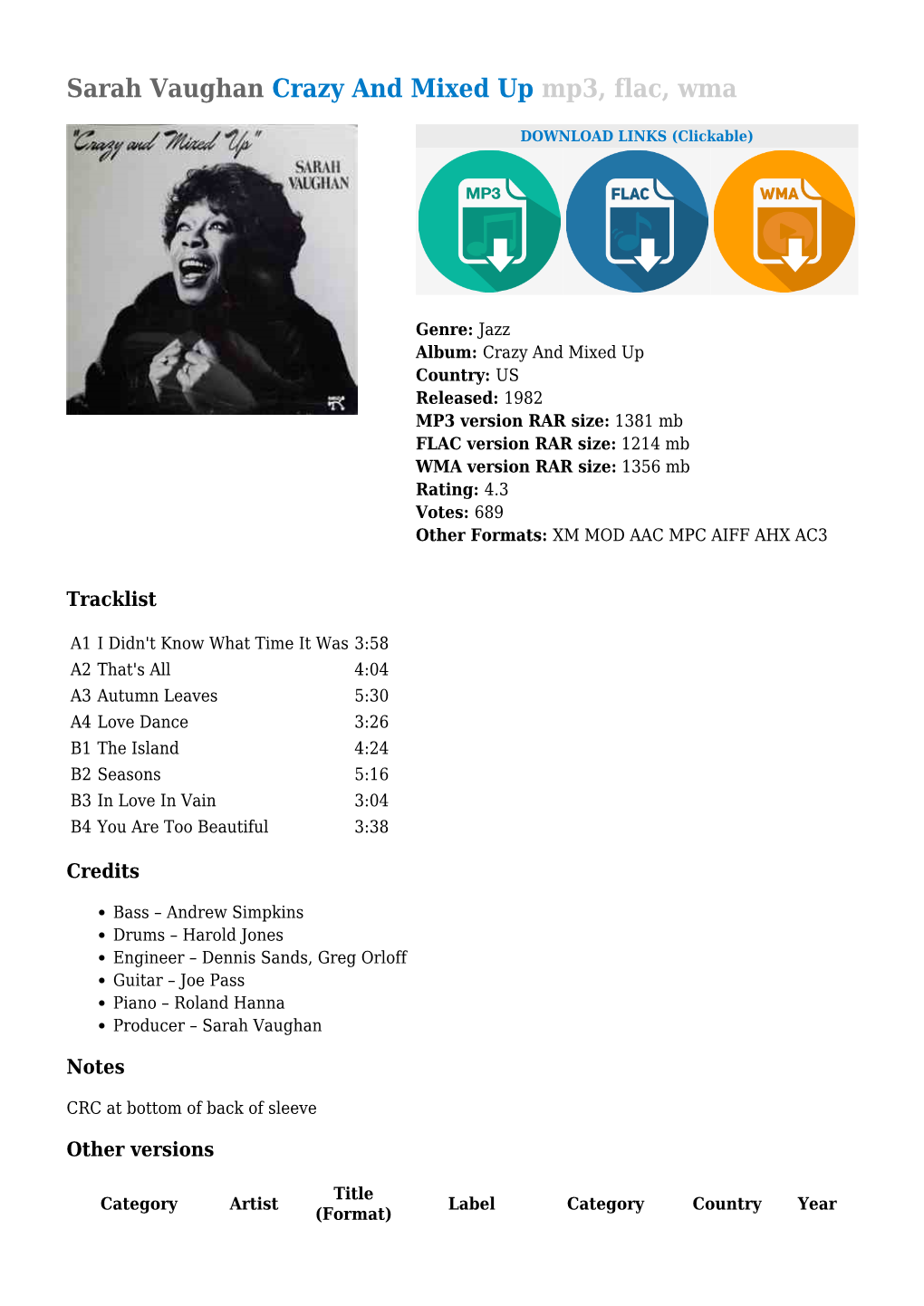 Sarah Vaughan Crazy and Mixed up Mp3, Flac, Wma