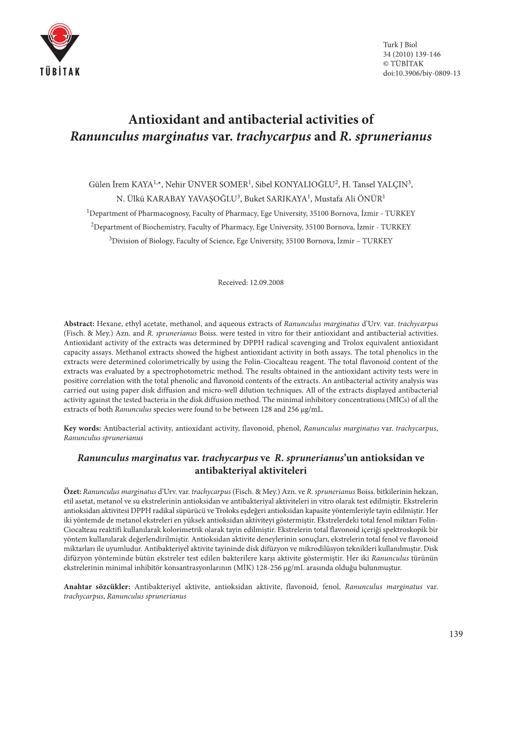 Antioxidant and Antibacterial Activities of Ranunculus Marginatus Var. Trachycarpus and R. Sprunerianus