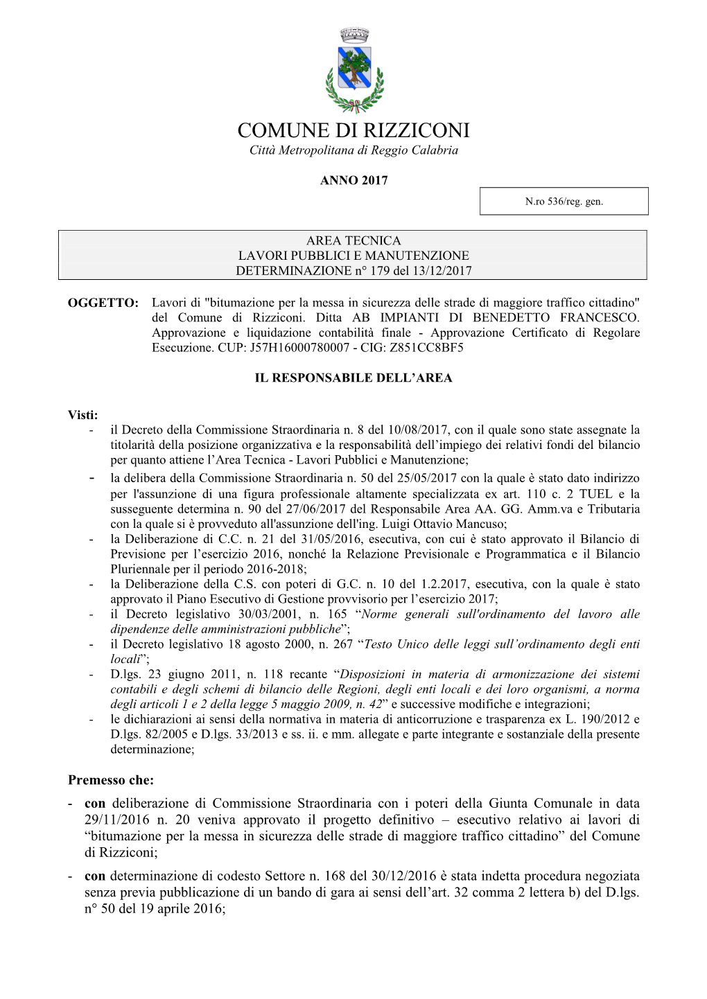 COMUNE DI RIZZICONI Città Metropolitana Di Reggio Calabria