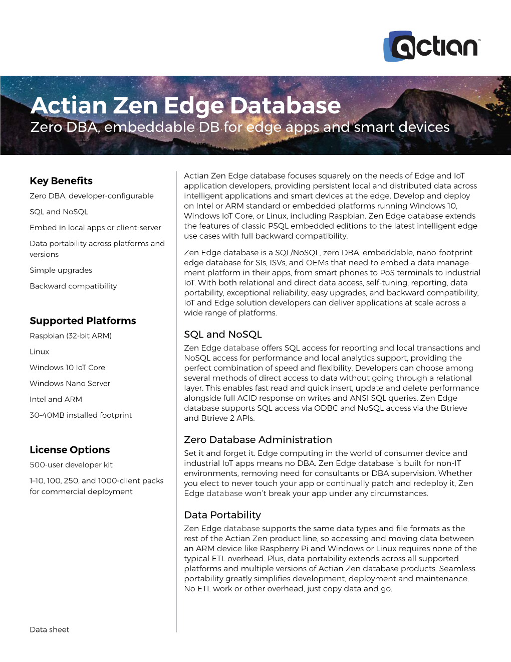 Actian Zen Edge Database Zero DBA, Embeddable DB for Edge Apps and Smart Devices
