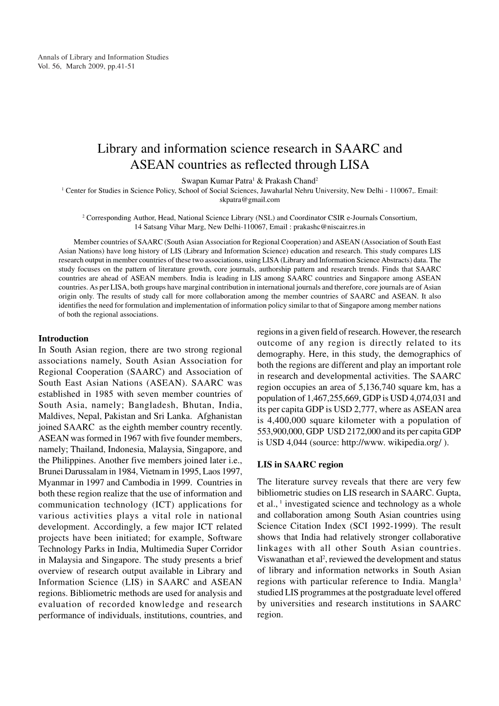 Library and Information Science Research in SAARC and ASEAN