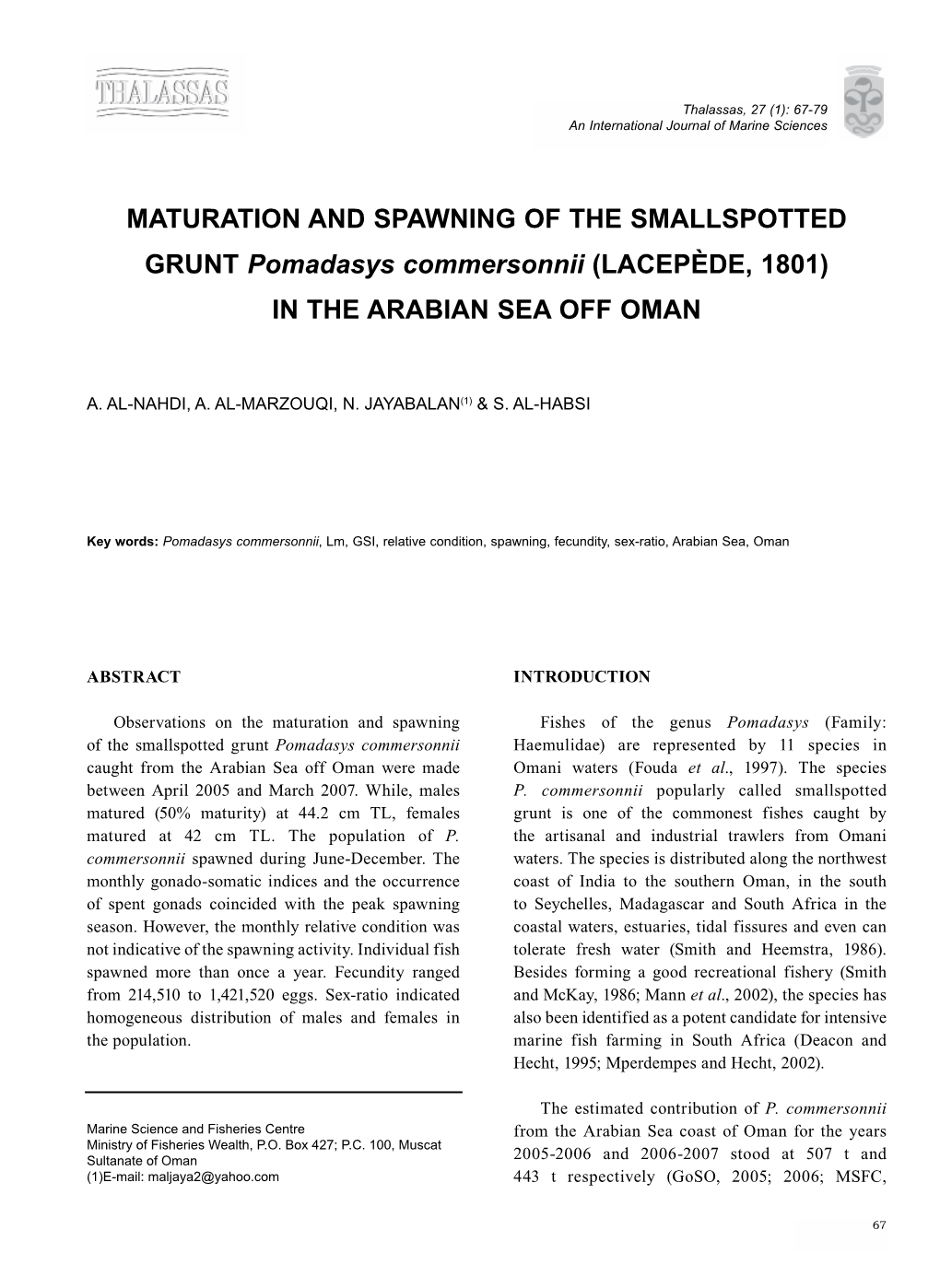 MATURATION and SPAWNING of the SMALLSPOTTED GRUNT Pomadasys Commersonnii (LACEPÈDE, 1801) in the ARABIAN SEA OFF OMAN