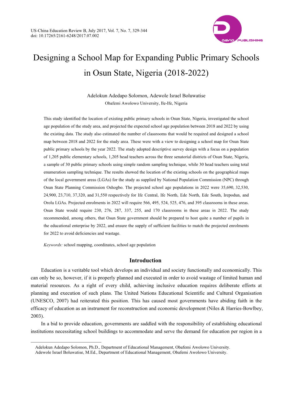 Designing a School Map for Expanding Public Primary Schools in Osun State, Nigeria (2018-2022)