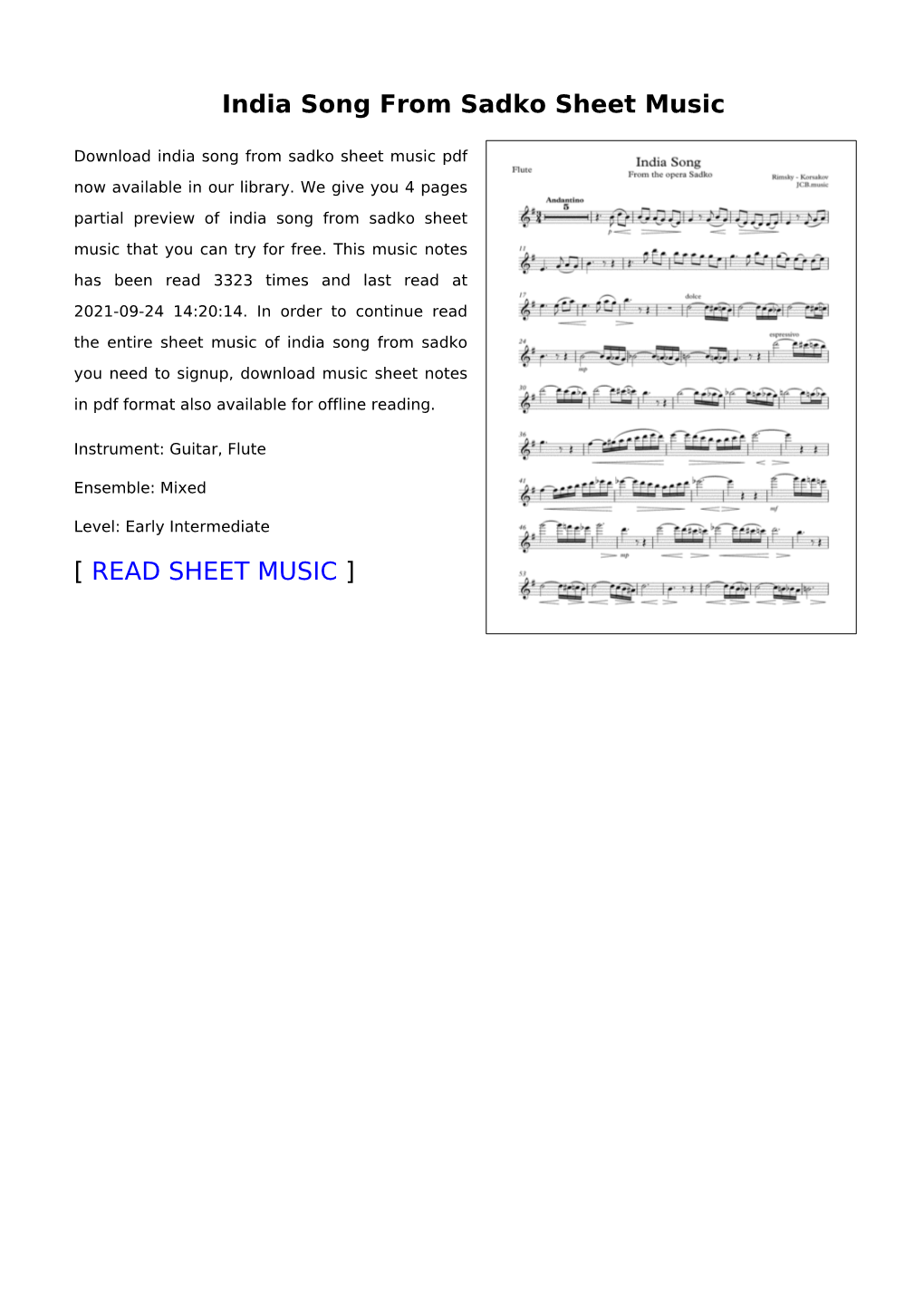 India Song from Sadko Sheet Music