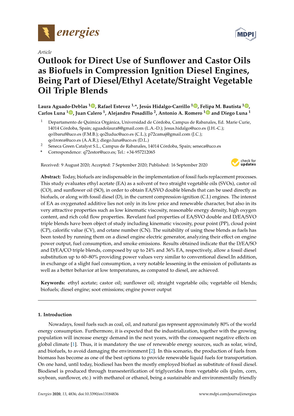 Outlook for Direct Use of Sunflower and Castor Oils As Biofuels