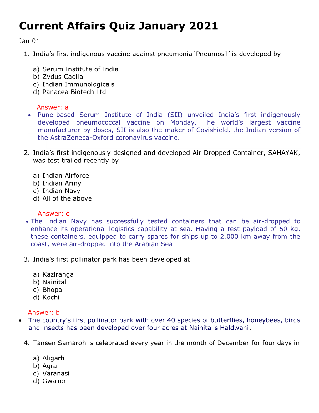 Current Affairs Quiz January 2021