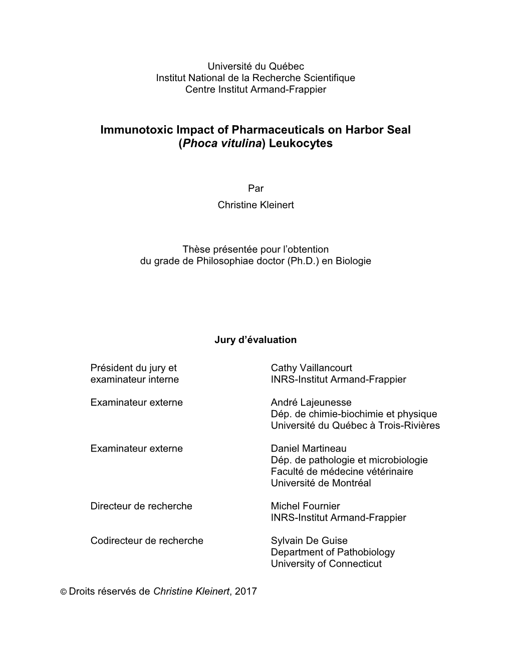 Immunotoxic Impact of Pharmaceuticals on Harbor Seal (Phoca Vitulina) Leukocytes