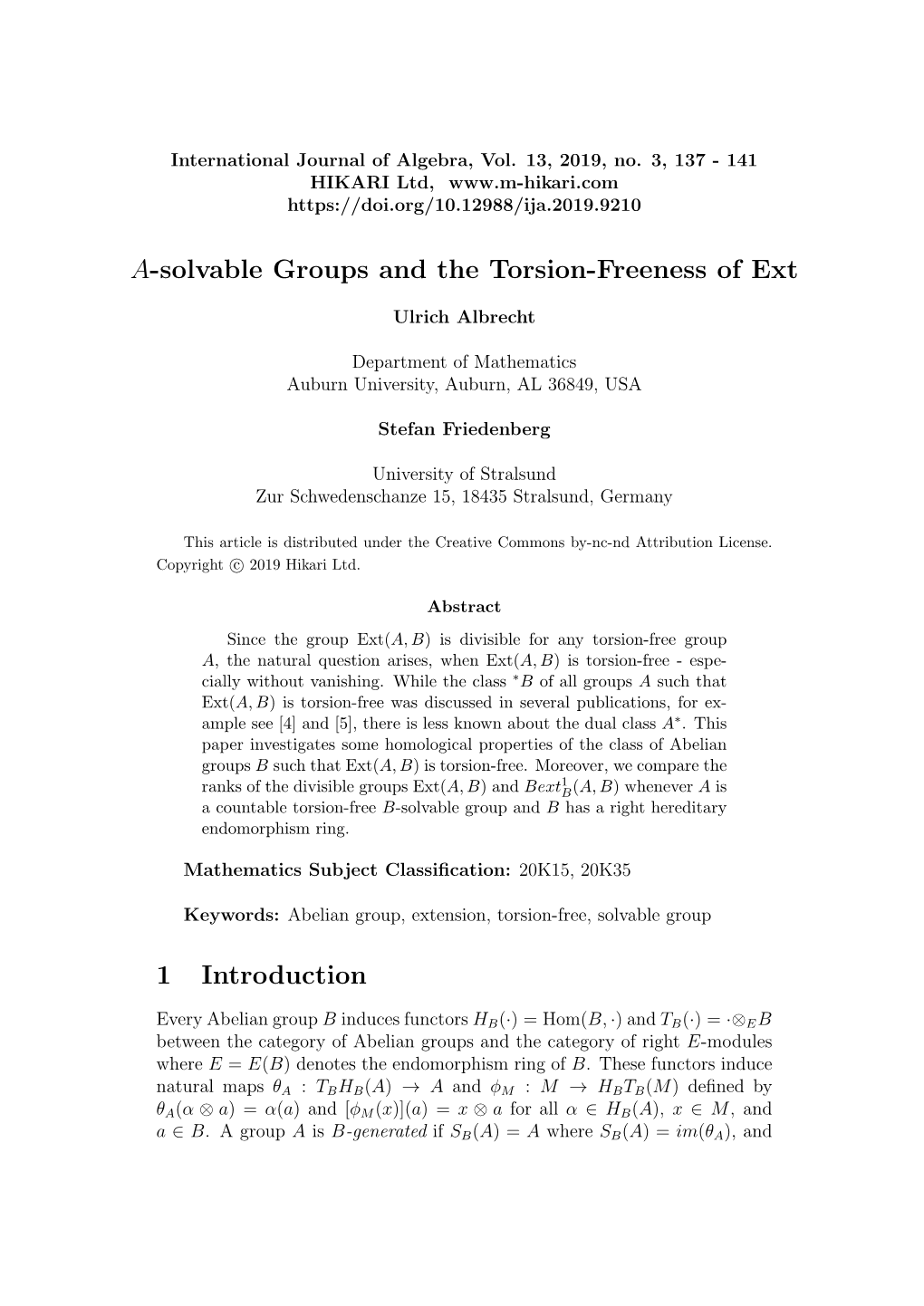 A-Solvable Groups and the Torsion-Freeness of Ext
