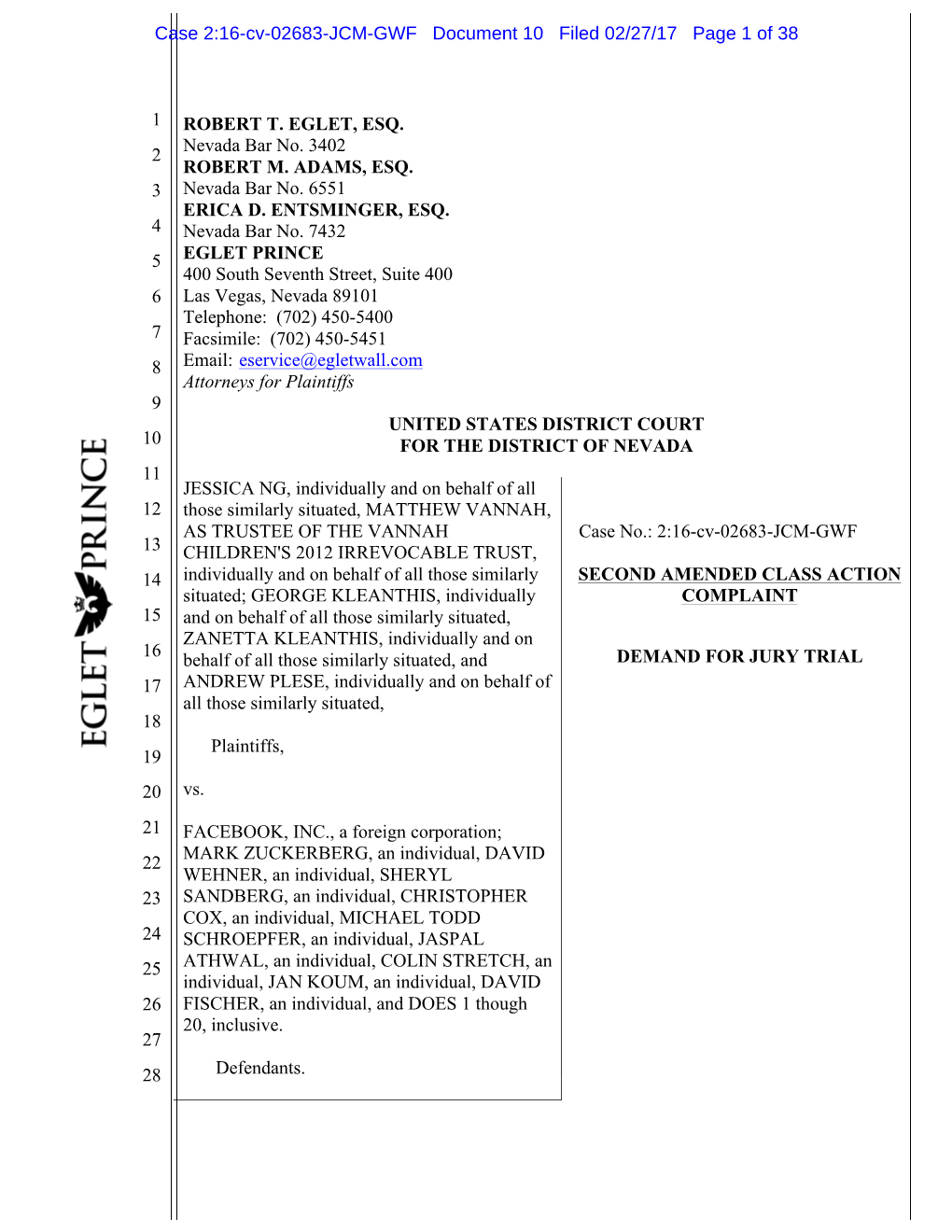 Jessica Ng, Et Al. V. Facebook, Inc. , Et Al. 16-CV-02683-Second Amended Class Action Complaint