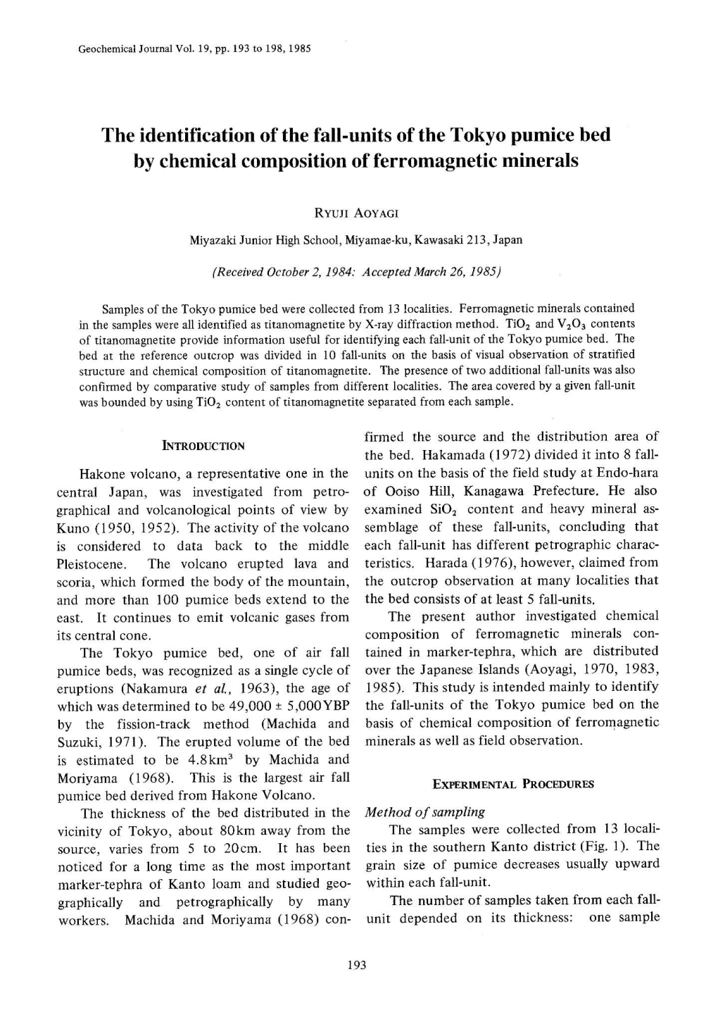 Page 1 Geochemical Journal Vol. 19, Pp. 193 to 198, 1985 The