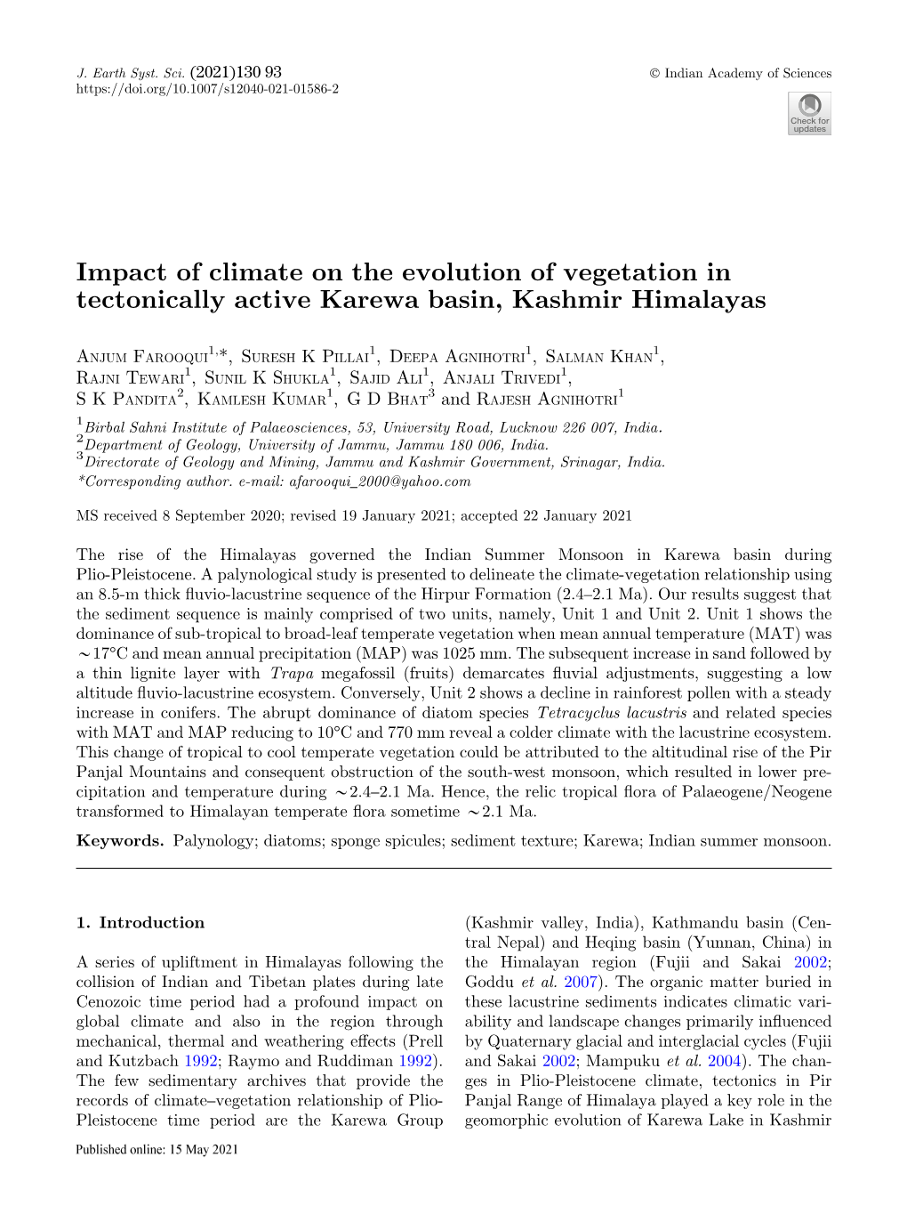 Impact of Climate on the Evolution of Vegetation in Tectonically Active Karewa Basin, Kashmir Himalayas