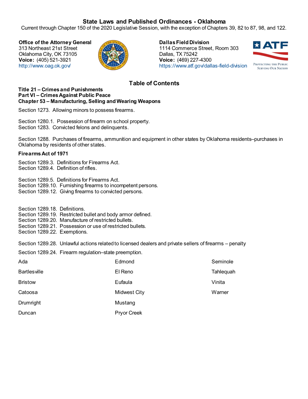 State Laws and Published Ordinances - Oklahoma Current Through Chapter 150 of the 2020 Legislative Session, with the Exception of Chapters 39, 82 to 87, 98, and 122