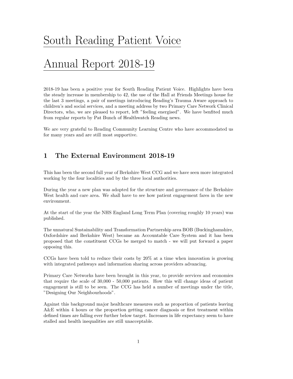 South Reading Patient Voice Annual Report 2018-19