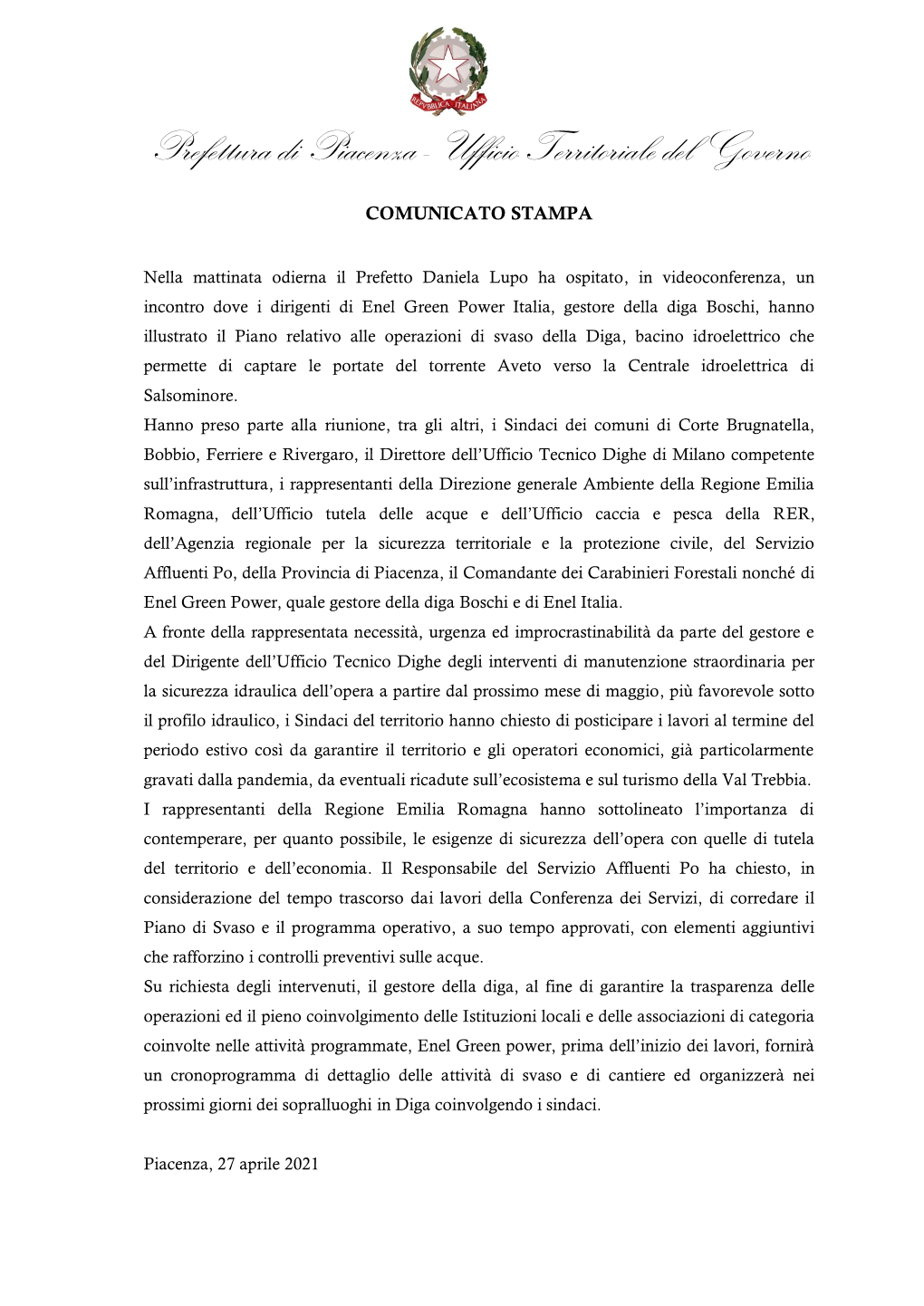 Prefettura Di Piacenza - Ufficio Territoriale Del Governo