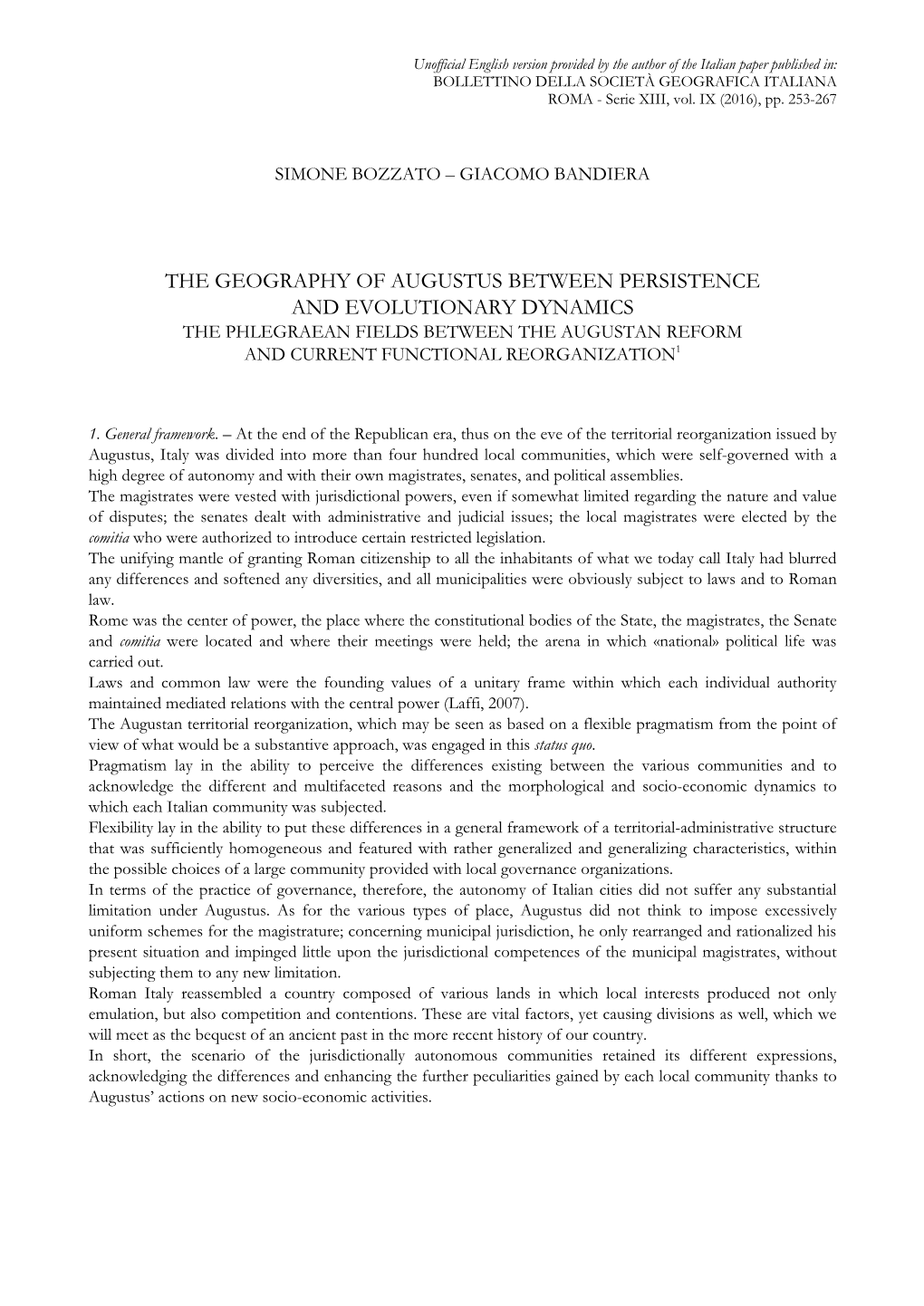 The Geography of Augustus Between Persistence and Evolutionary Dynamics the Phlegraean Fields Between the Augustan Reform and Current Functional Reorganization1