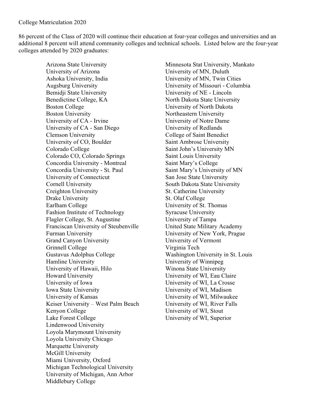 College Matriculation 2020 86 Percent of the Class of 2020 Will Continue