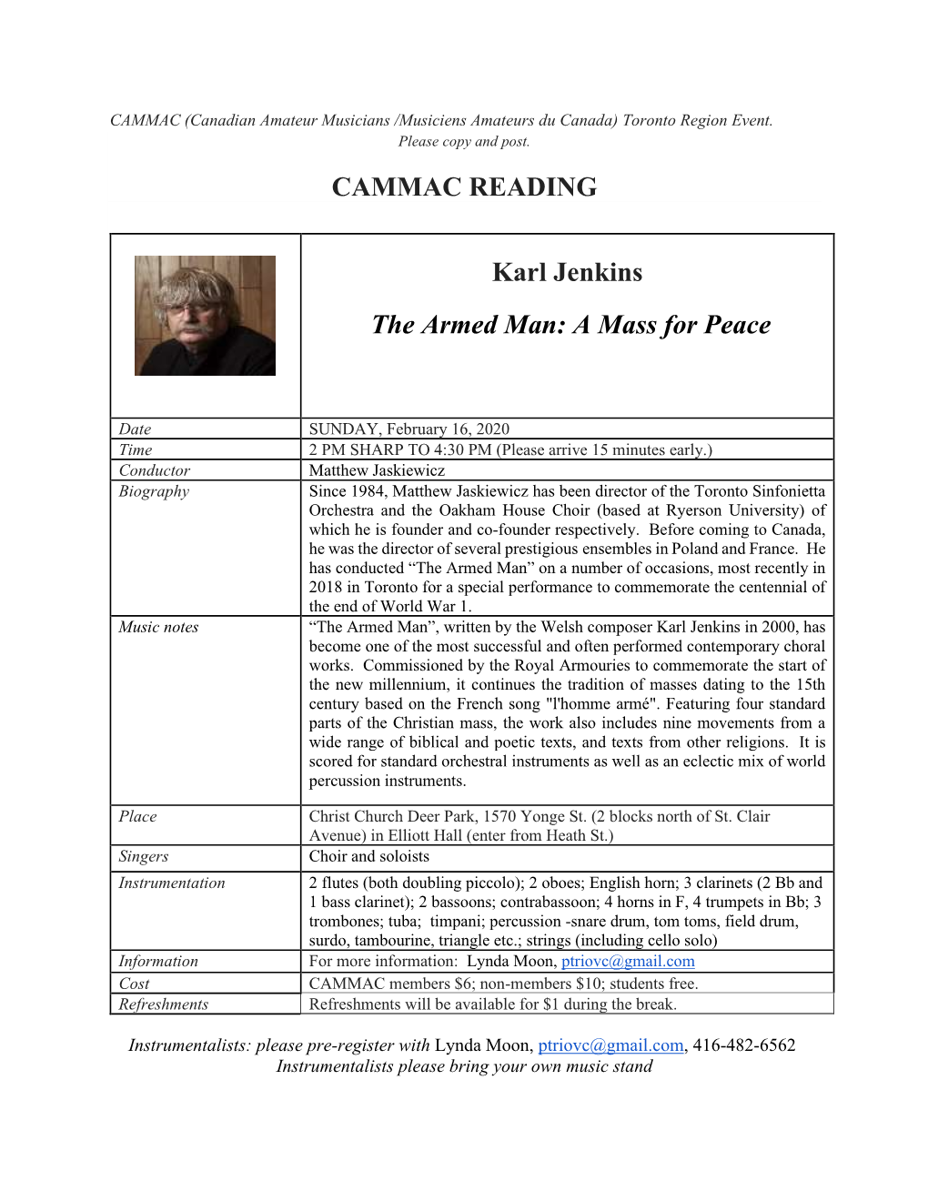 CAMMAC READING Karl Jenkins the Armed Man: a Mass for Peace
