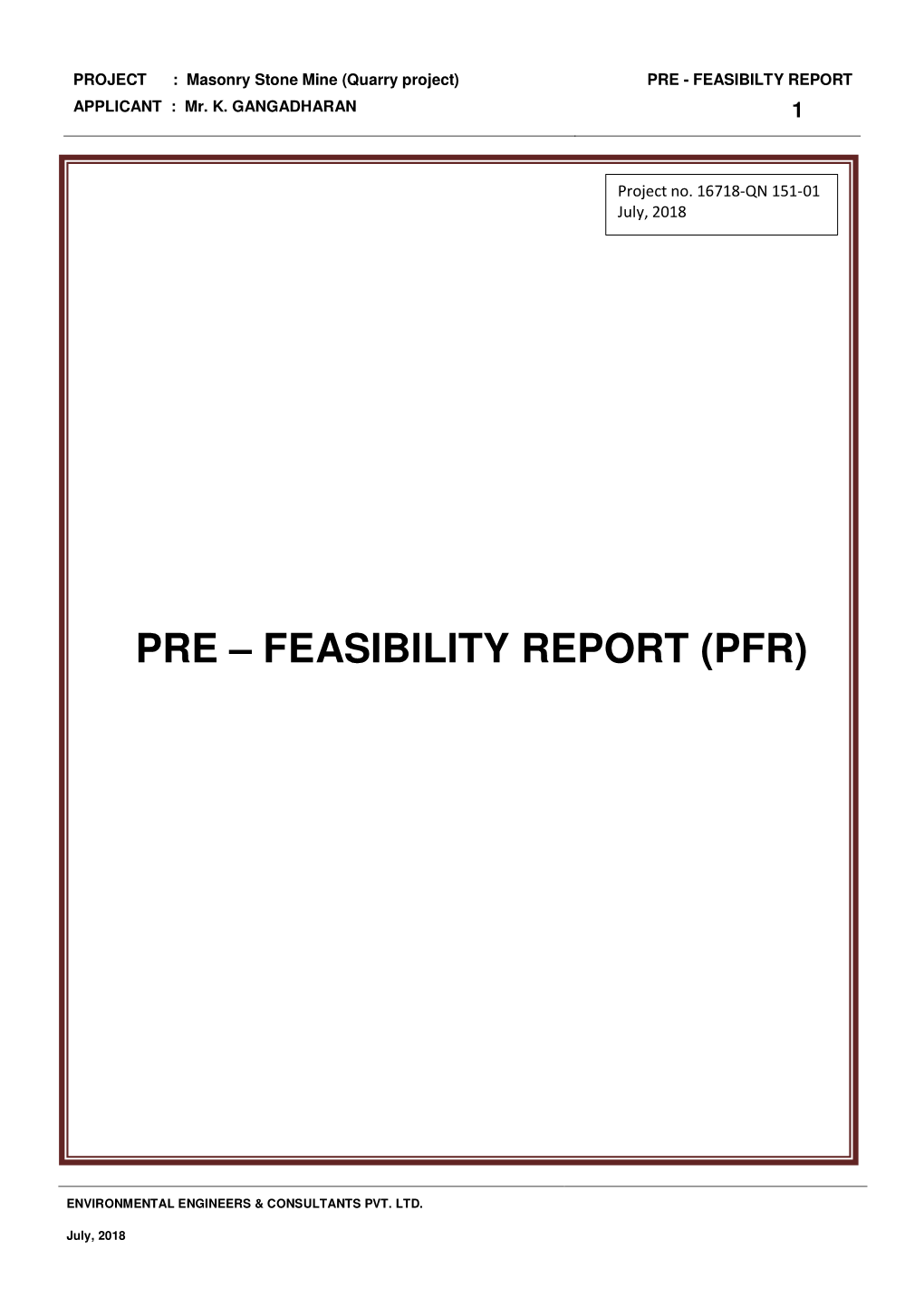 Pre – Feasibility Report (Pfr)