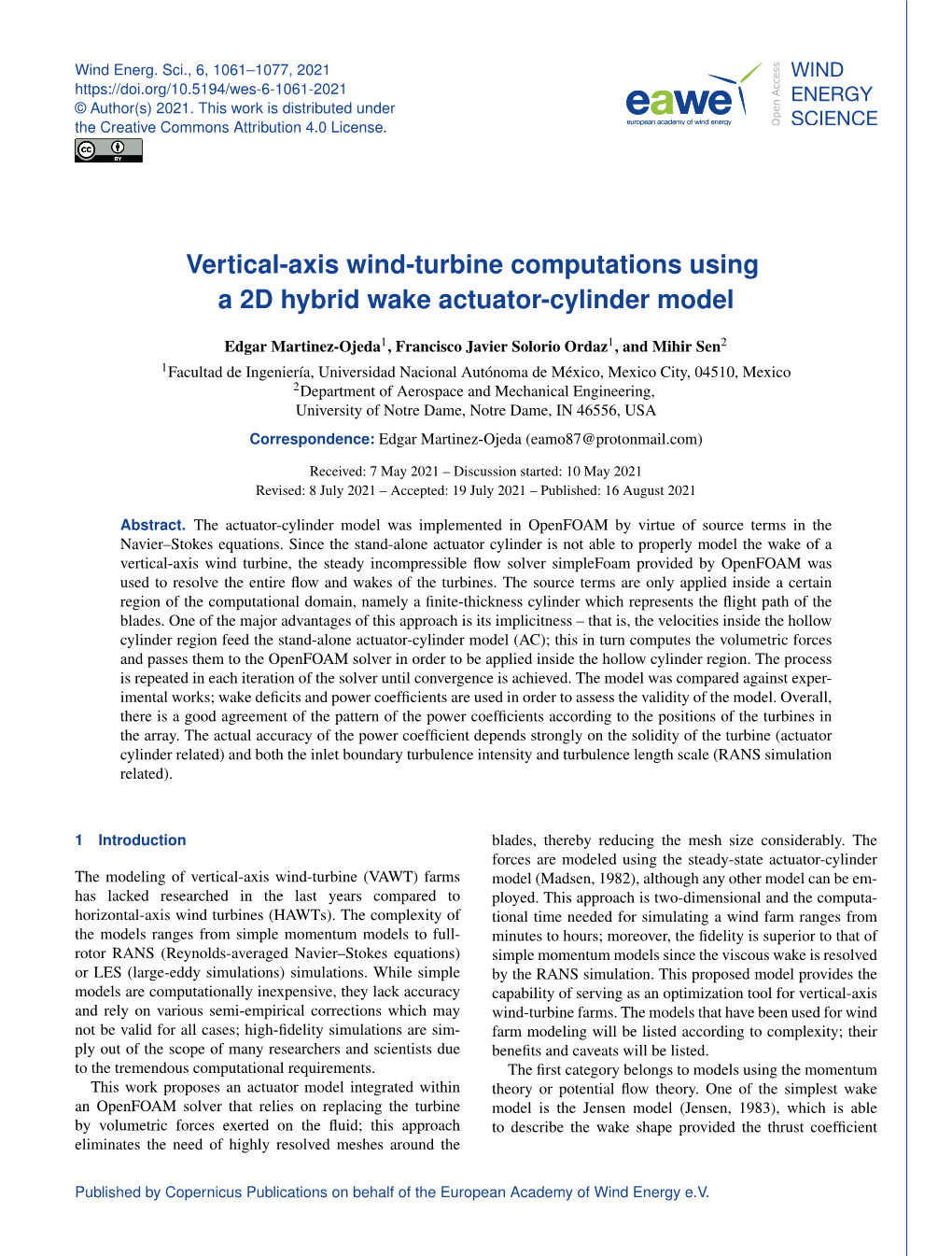 Vertical-Axis Wind-Turbine Computations Using a 2D Hybrid Wake Actuator-Cylinder Model