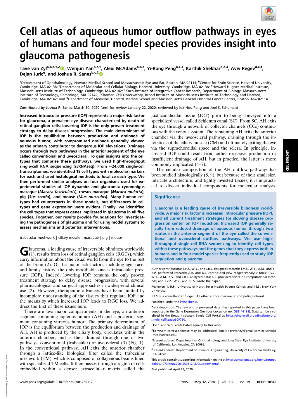 Cell Atlas of Aqueous Humor Outflow Pathways in Eyes of Humans and Four Model Species Provides Insight Into Glaucoma Pathogenesis