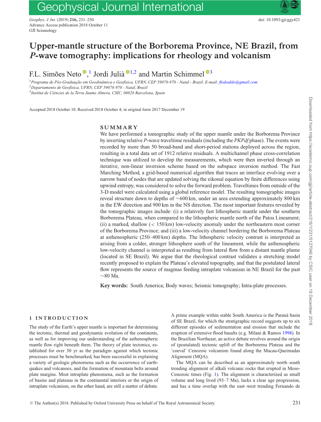 Upper-Mantle Structure of the Borborema Province, NE Brazil, from P-Wave Tomography: Implications for Rheology and Volcanism