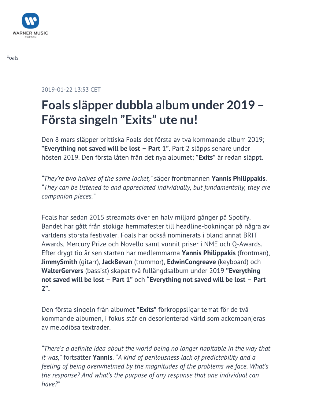Foals Släpper Dubbla Album Under 2019 – Första Singeln ”Exits” Ute Nu!