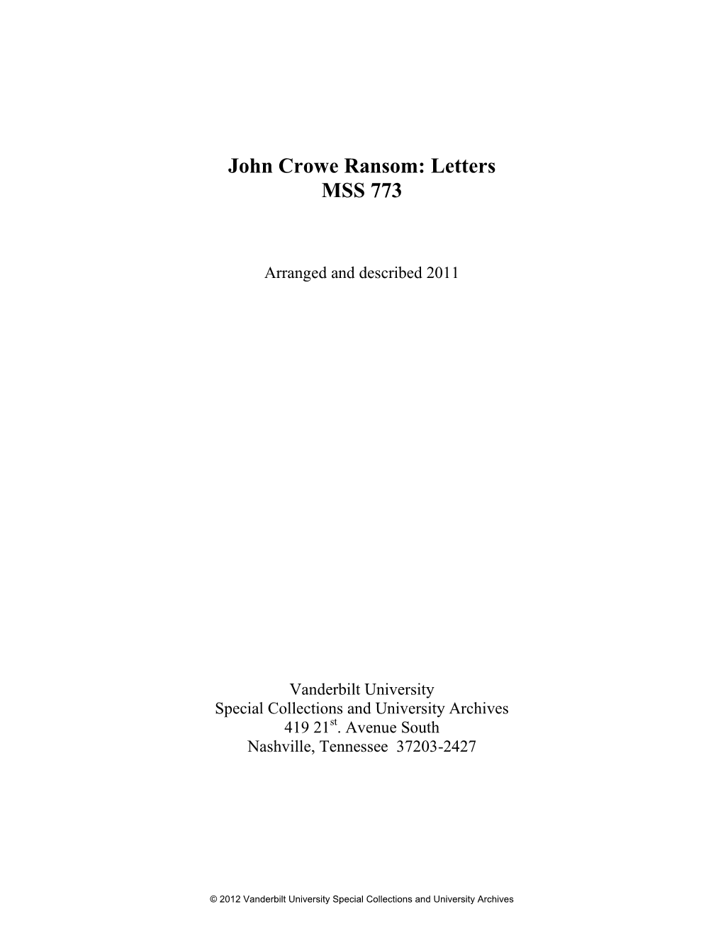 John Crowe Ransom: Letters MSS 773