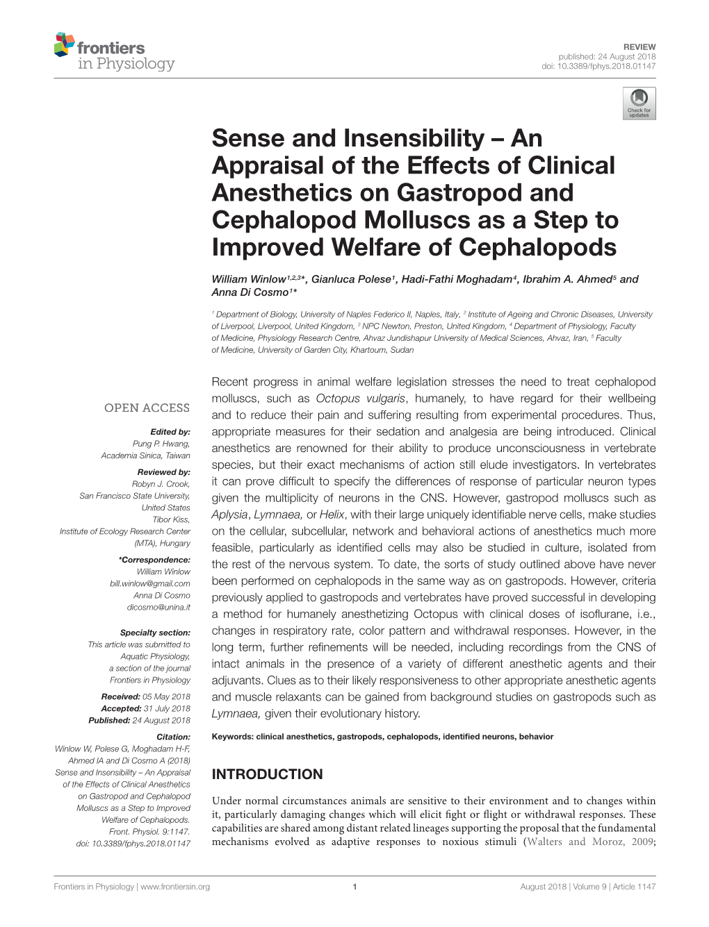 An Appraisal of the Effects of Clinical Anesthetics on Gastropod and Cephalopod Molluscs As a Step to Improved Welfare of Cephalopods