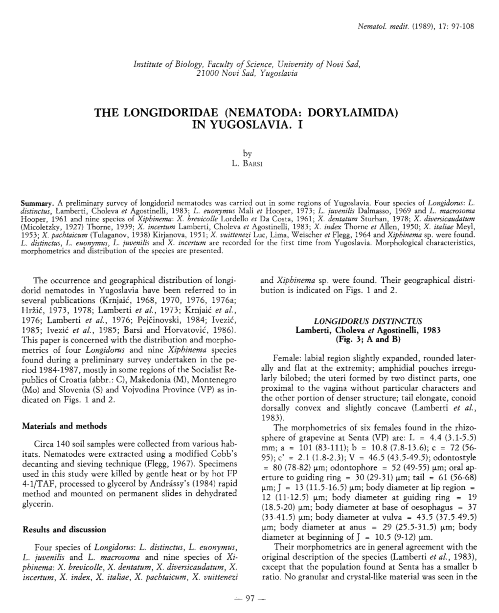 The Longidoridae (Nematoda: Dorylaimida) in Yugoslavia. I