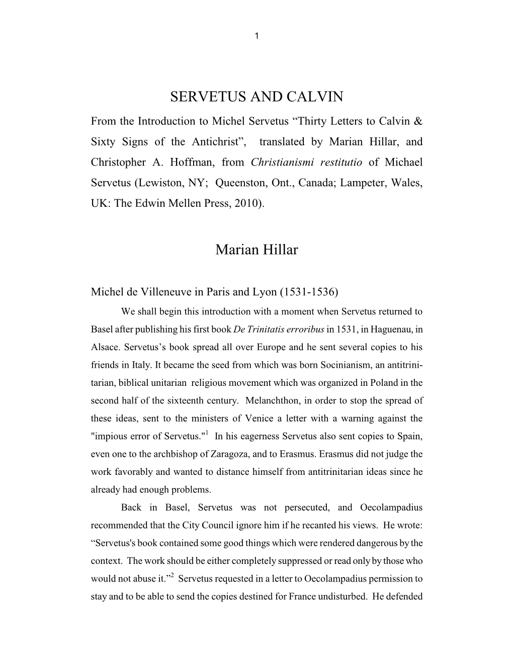 Servetus and Calvin