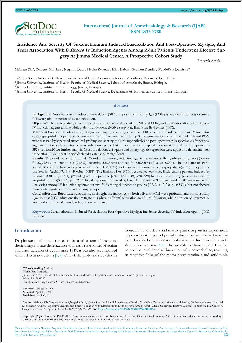 (IJAR) ISSN 2332-2780 Incidence and Severity of Suxamethonium