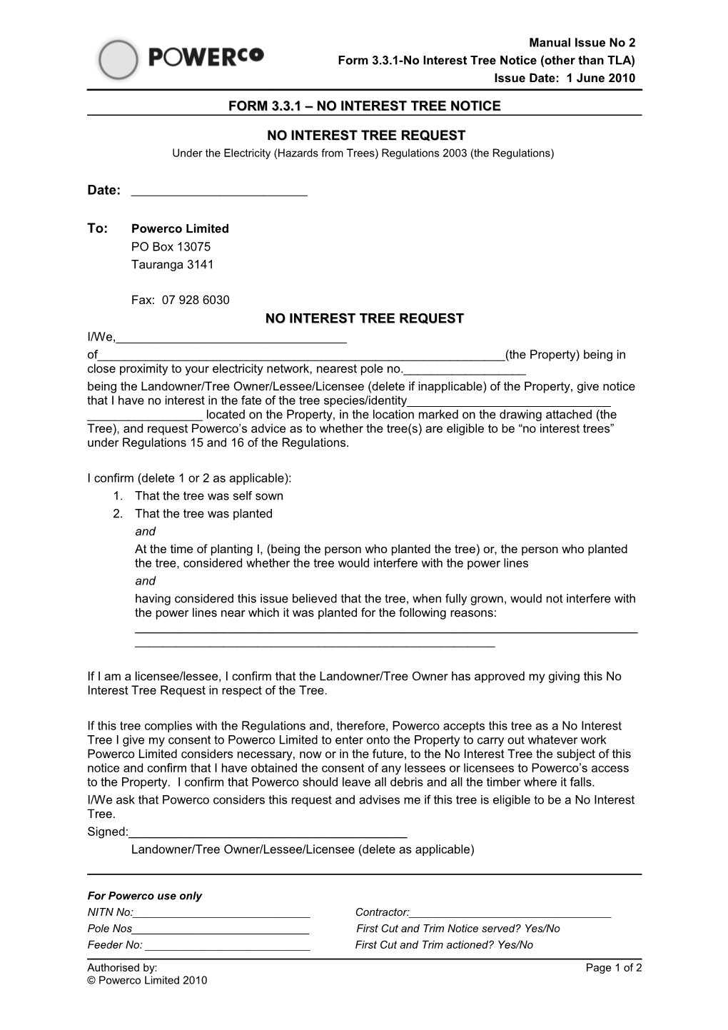 Form 3.3.1 No Interest Tree Notice