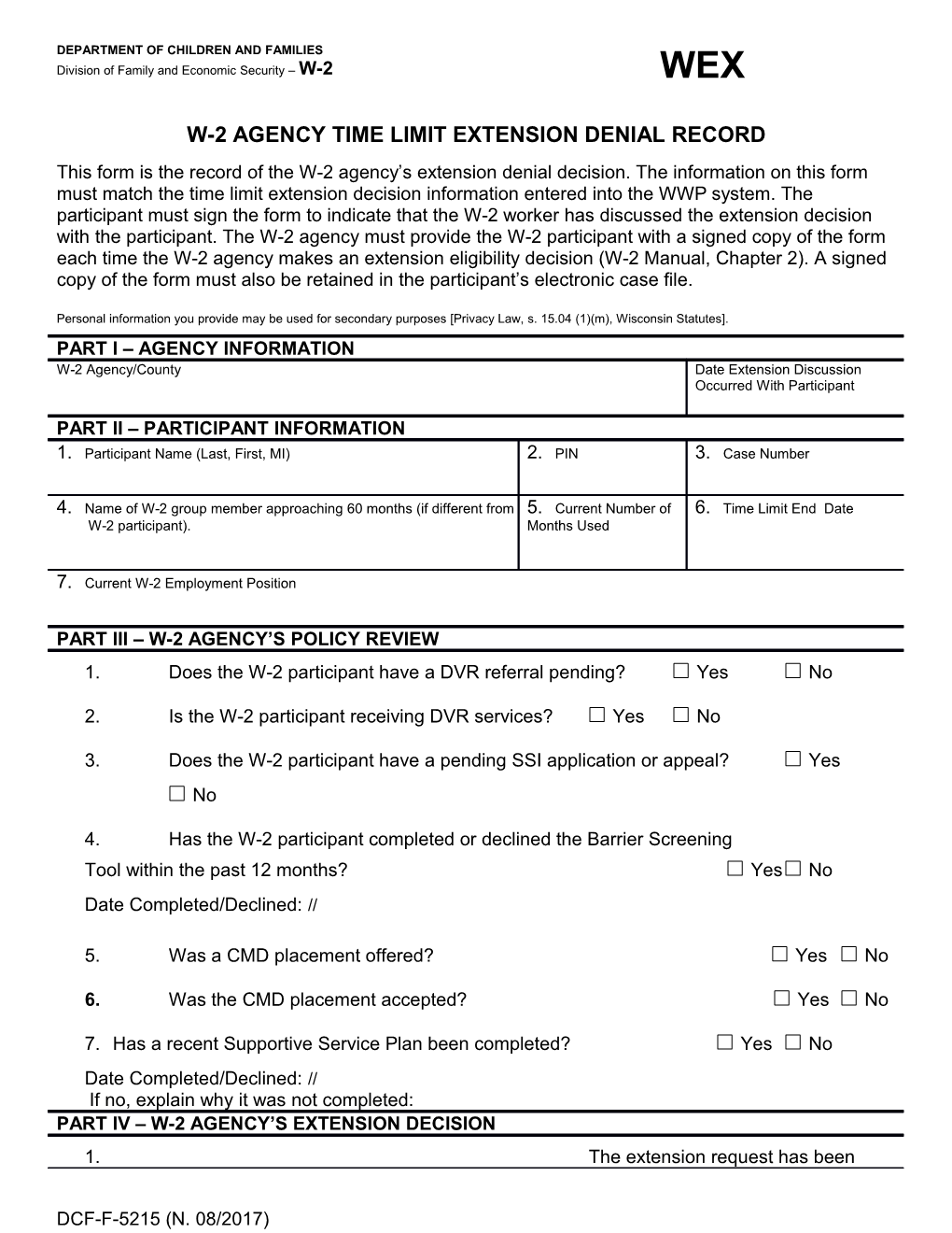 W-2 Agency Time Limit Extension Denial Record