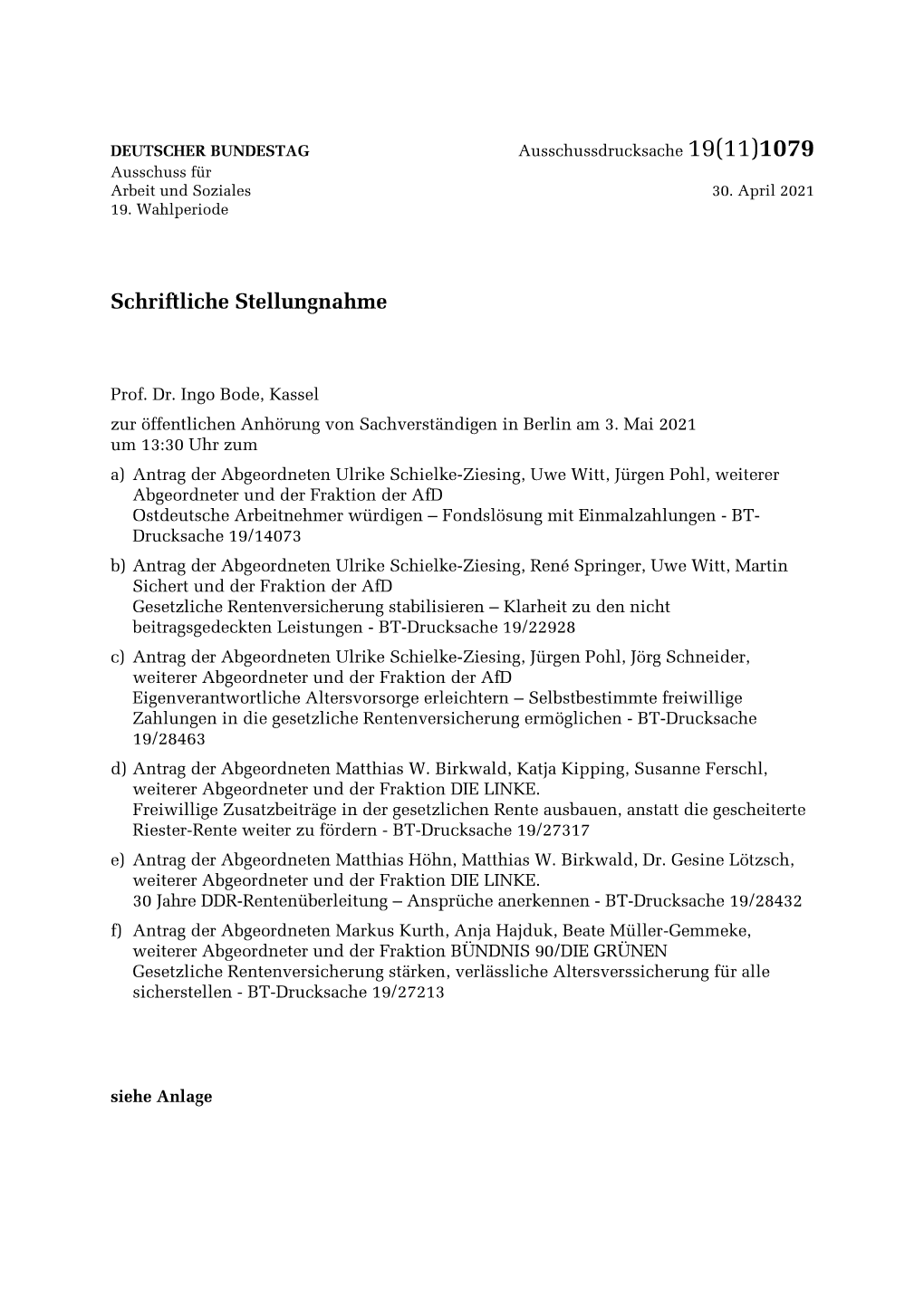 Prof. Dr. Ingo Bode, Kassel Zur Öffentlichen Anhörung Von Sachverständigen in Berlin Am 3