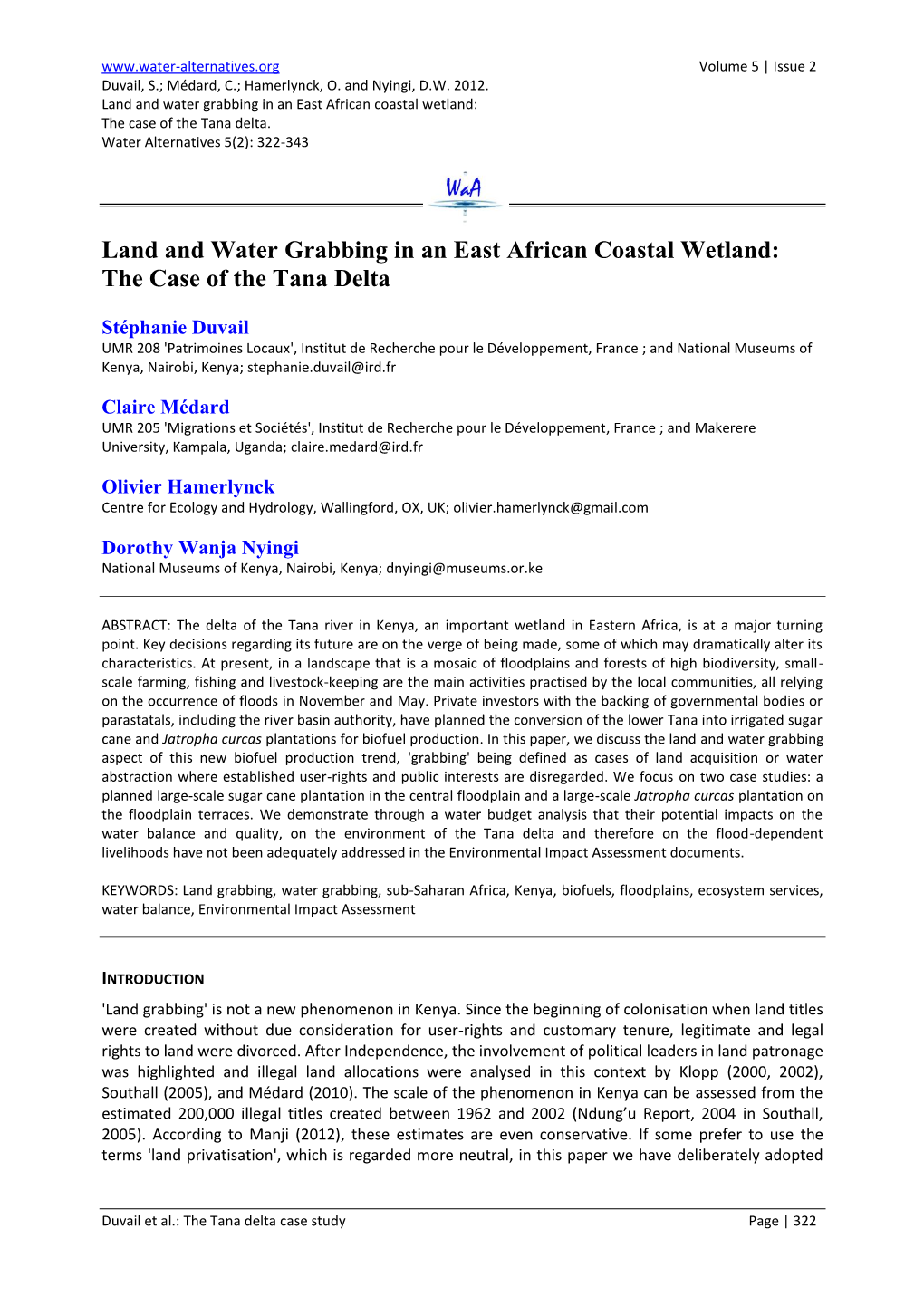 Land and Water Grabbing in an East African Coastal Wetland: the Tana Delta Case Study