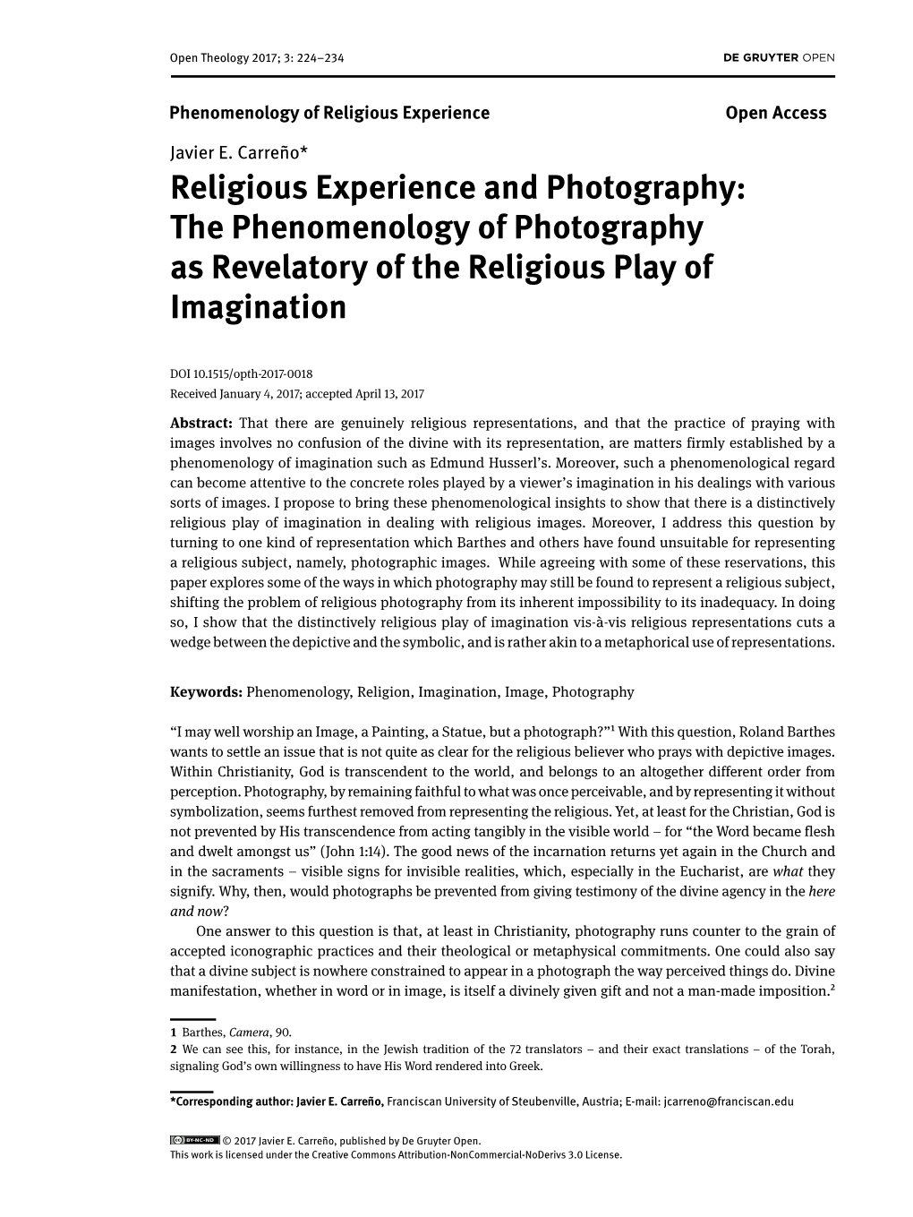 Religious Experience and Photography: the Phenomenology of Photography As Revelatory of the Religious Play of Imagination