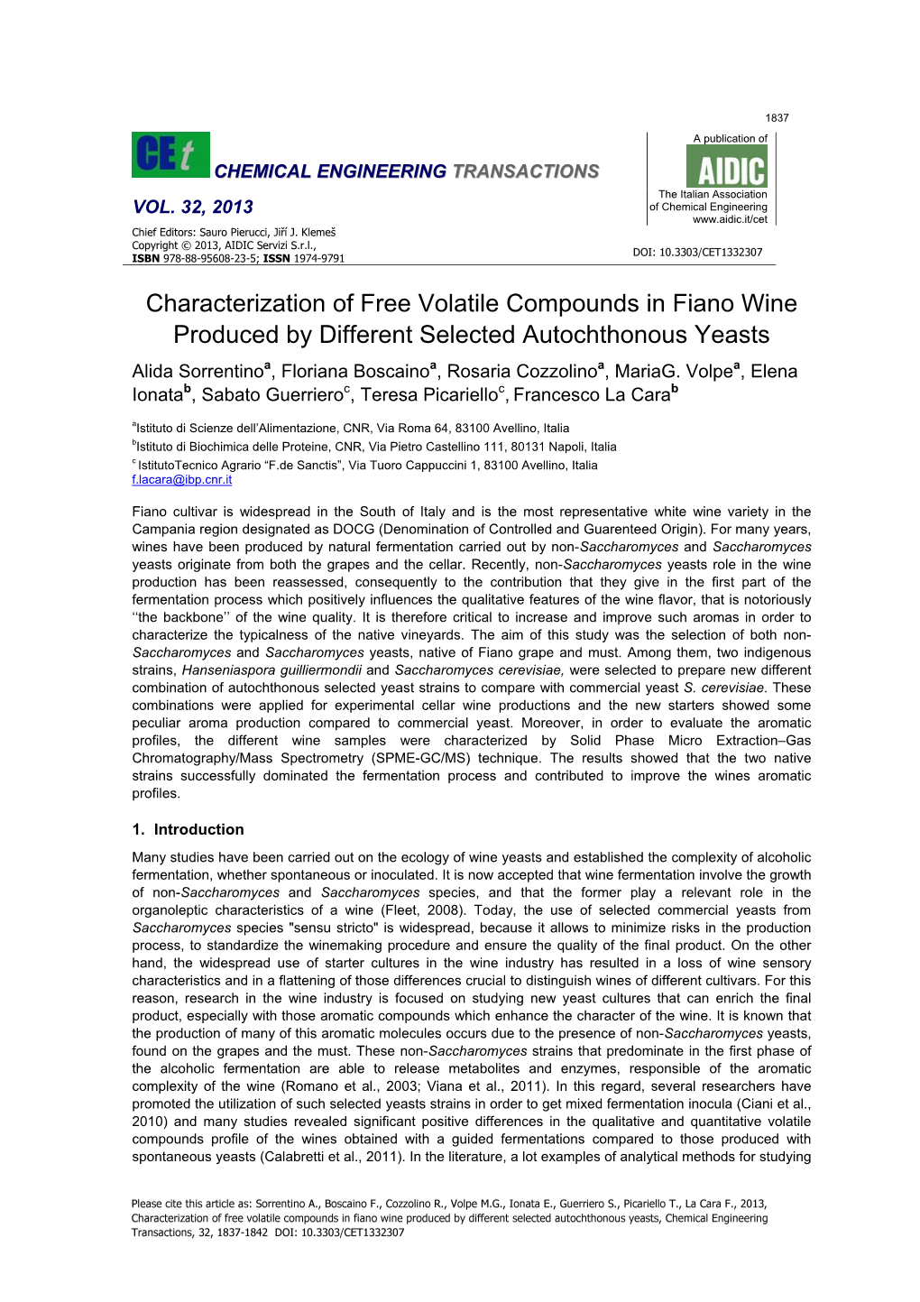 Characterization of Free Volatile Compounds in Fiano Wine