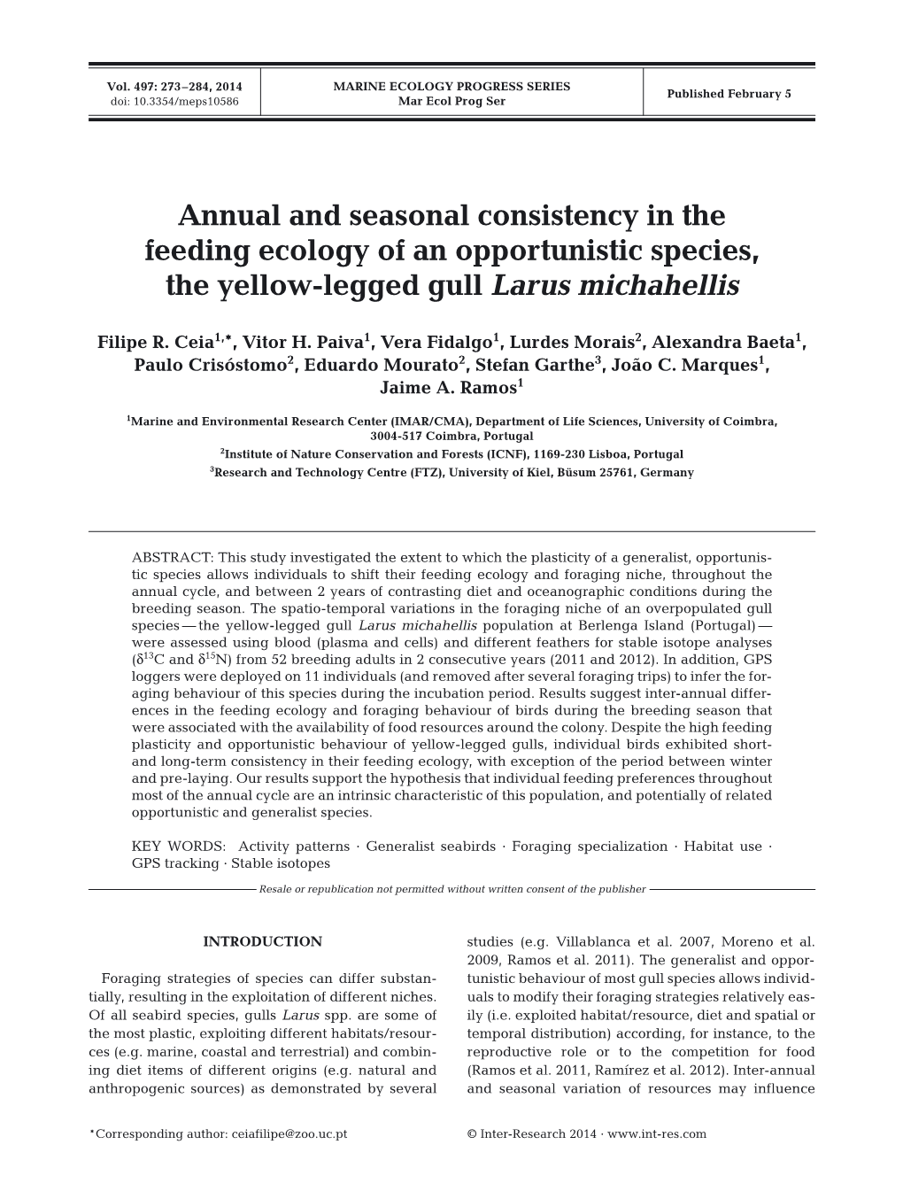 Annual and Seasonal Consistency in the Feeding Ecology of an Opportunistic Species, the Yellow-Legged Gull Larus Michahellis