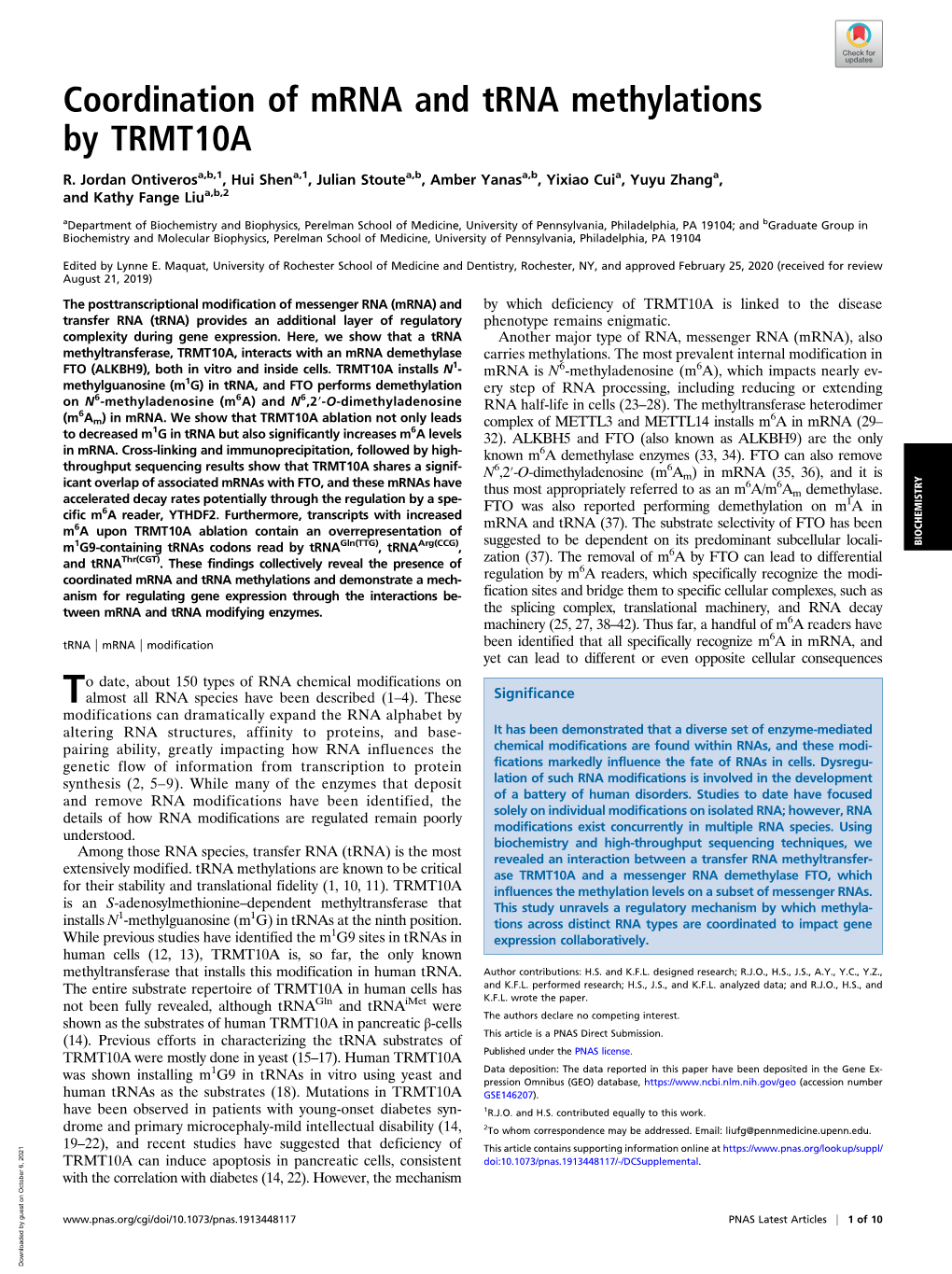 Coordination of Mrna and Trna Methylations by TRMT10A