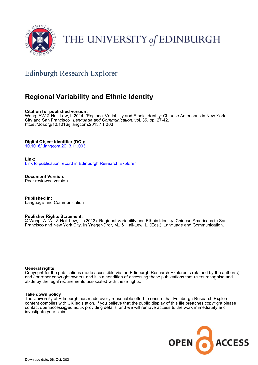 Regional Variability and Ethnic Identity: Chinese Americans in San Francisco and New York City