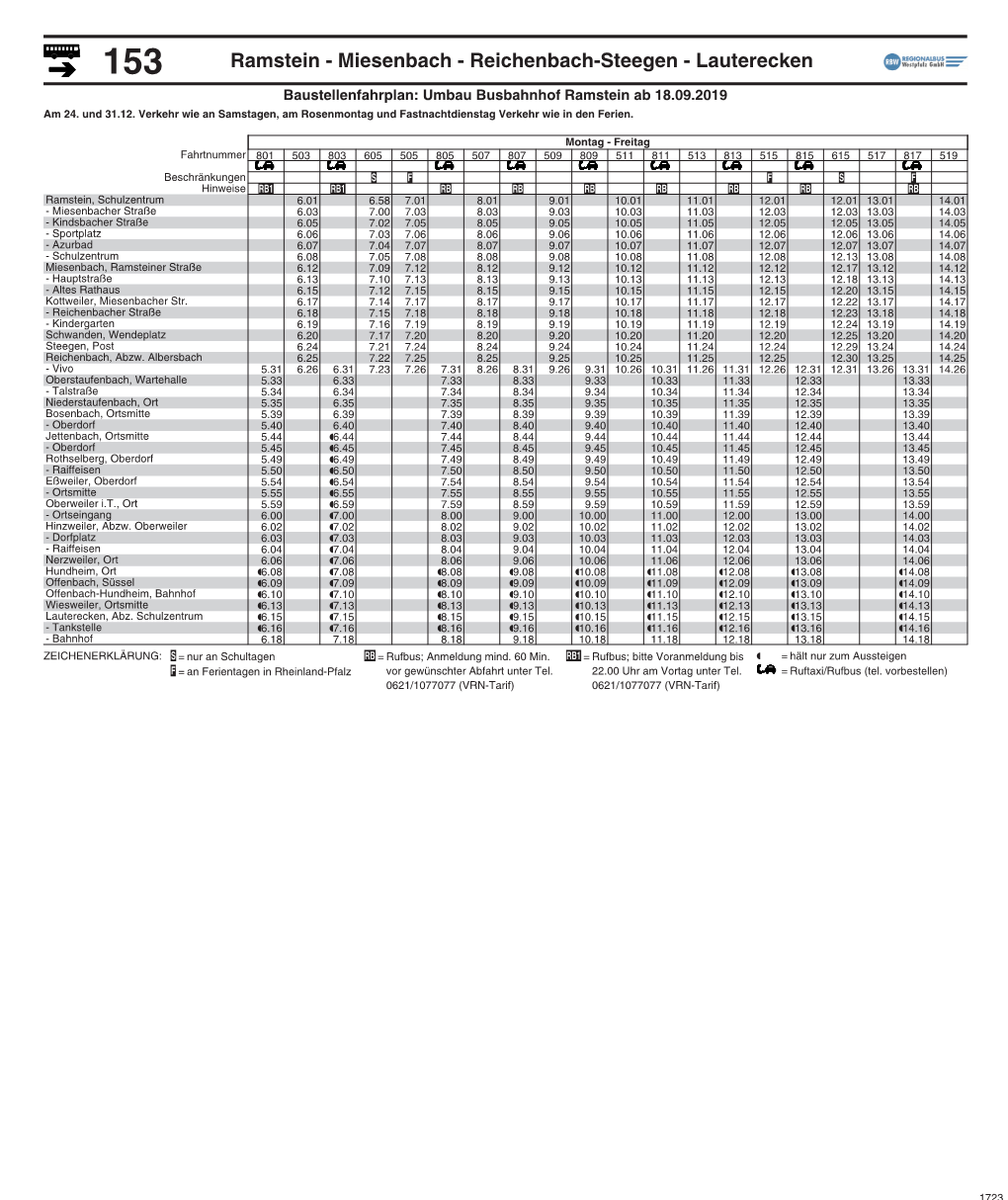 Reichenbach-Steegen - Lauterecken Baustellenfahrplan: Umbau Busbahnhof Ramstein Ab 18.09.2019 Am 24