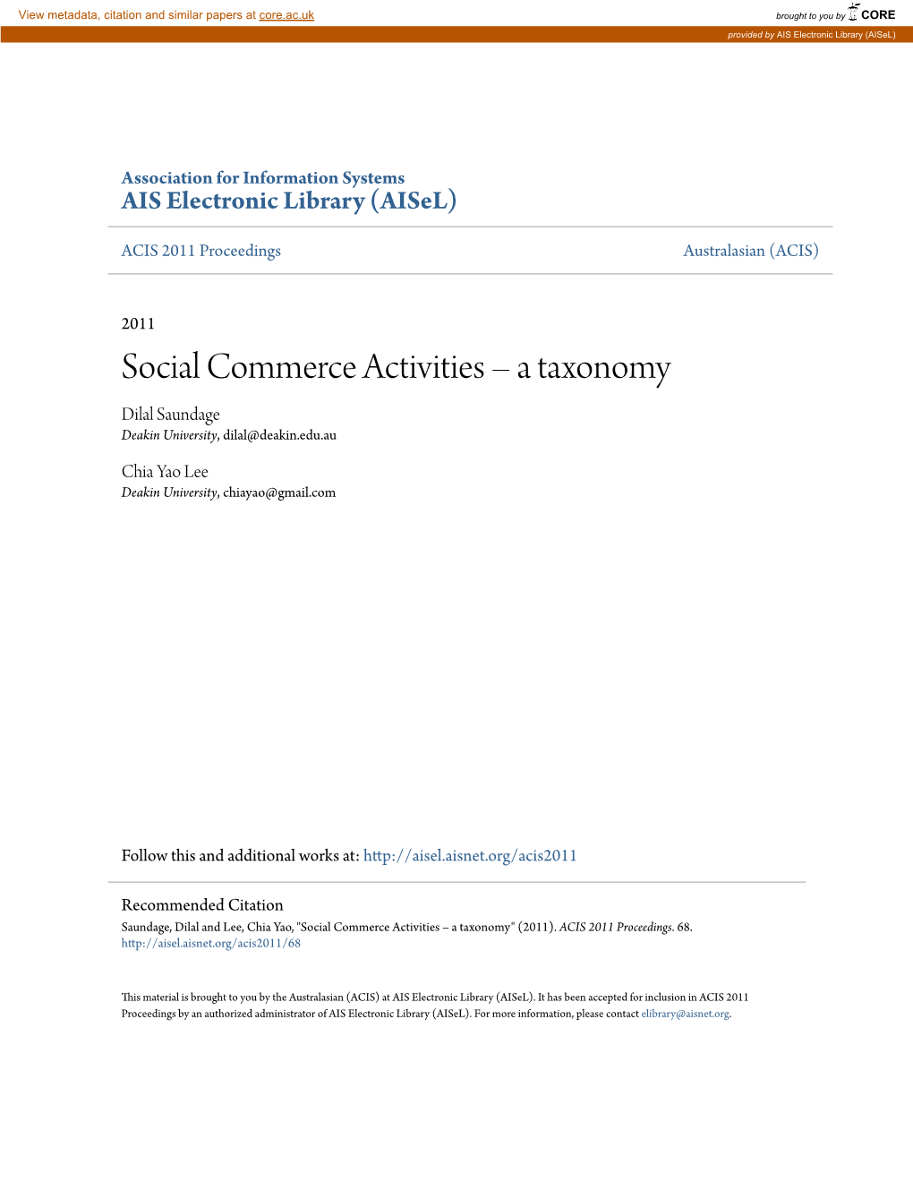 Social Commerce Activities – a Taxonomy Dilal Saundage Deakin University, Dilal@Deakin.Edu.Au